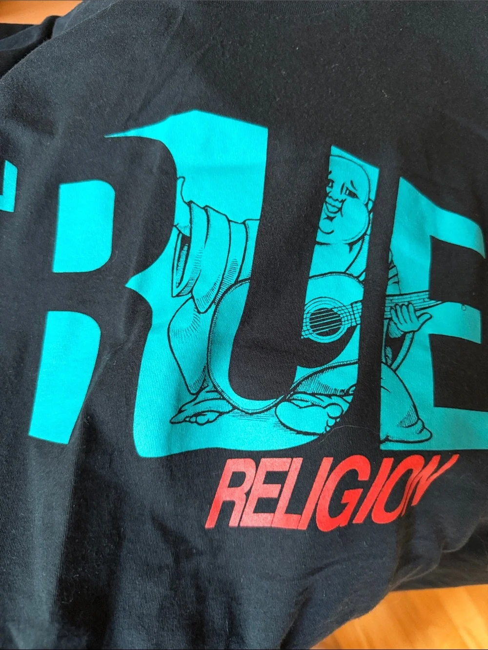 True Religion Black Tee with Teal Logo and Red Accent